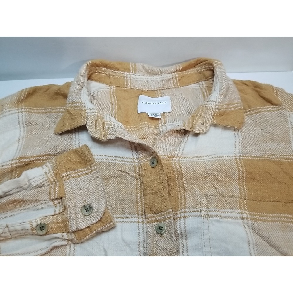 American Eagle Womens Plaid Flannel Button Up Shirt Mustard Medium‎
